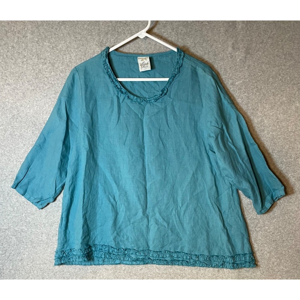 Matchpoint Linen Top Womens‎ Small Teal Pre-Shrunk 3/4 Sleeve Ruffle